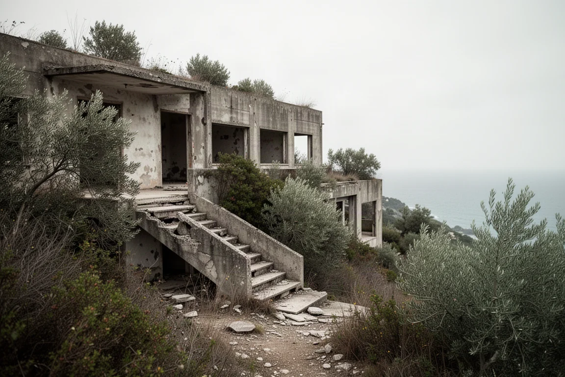 Edificio di un resort abbandonato invaso dai cespugli vicino al mare