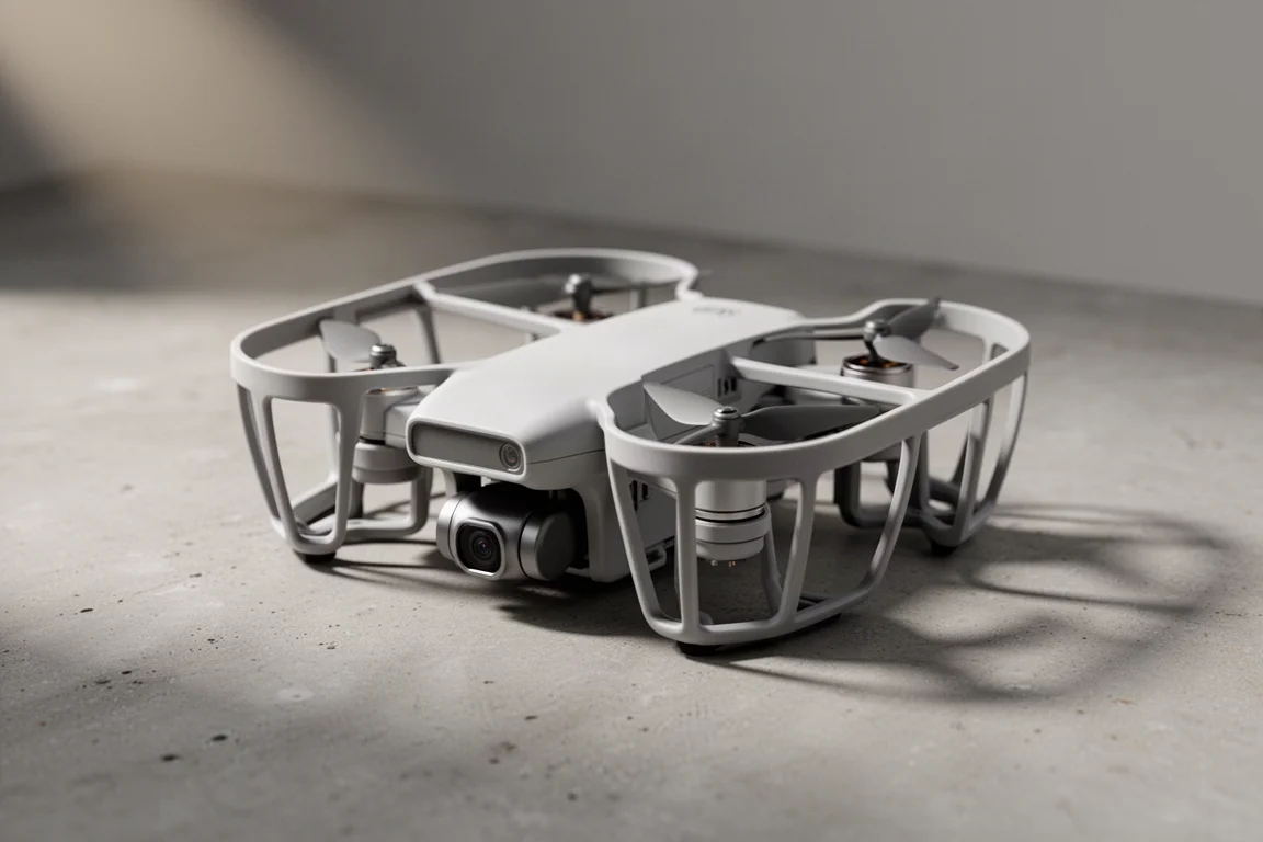 Kompaktowy dron śledzący wielkości dłoni z osłoną ochronną na betonowej powierzchni