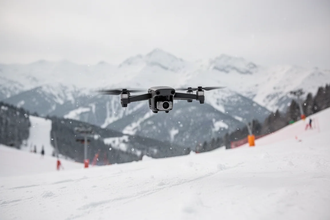 小型跟拍空拍機懸停在白雪覆蓋的滑雪坡上空
