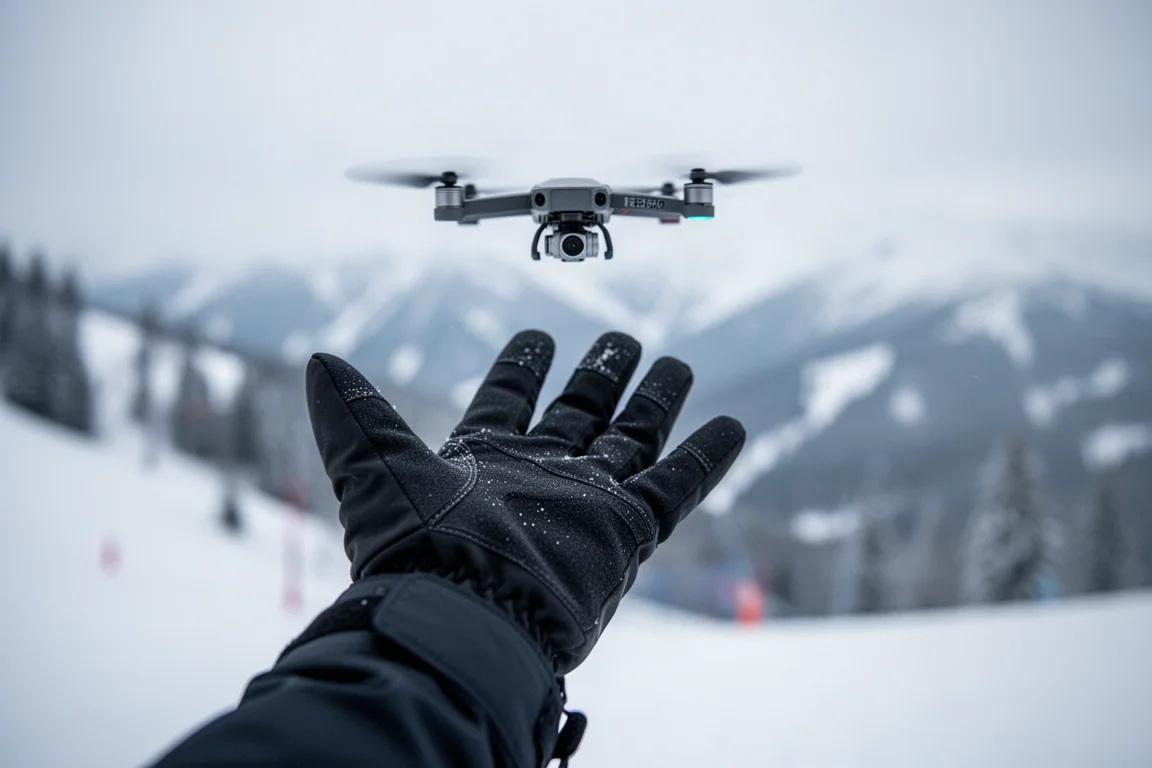滑雪者戴著手套的手舉起對小型空拍機比手勢的特寫