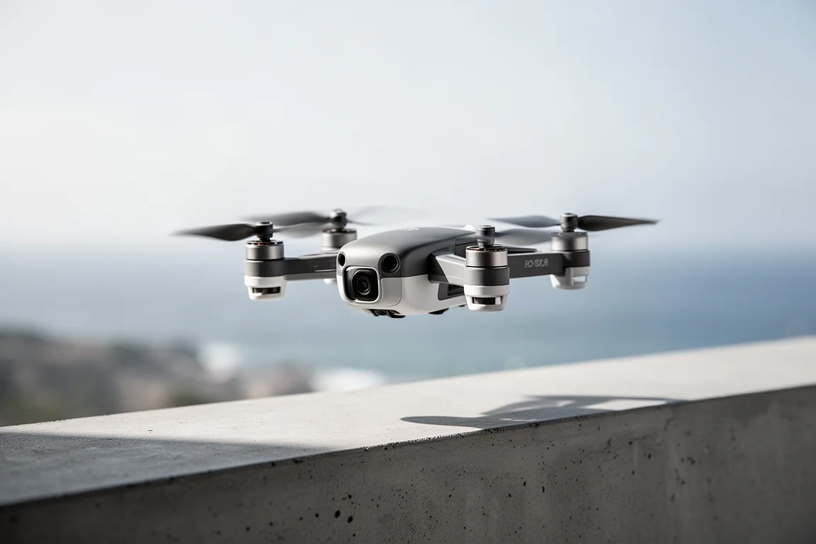 Kompaktowa szaro-biała kamera-dron zawisa nad betonową krawędzią na tle wybrzeża