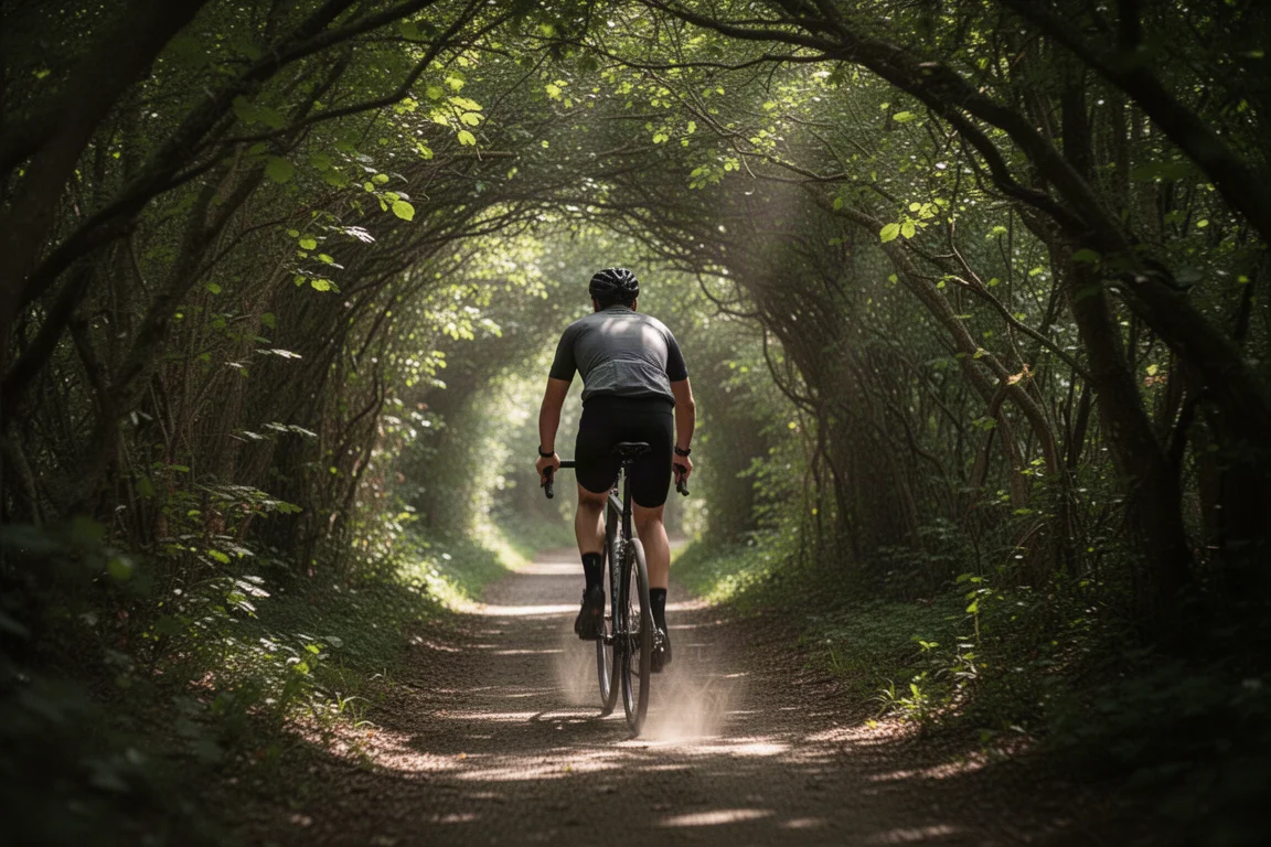 Ciclista pedaleando por un estrecho túnel forestal de ramas bajas
