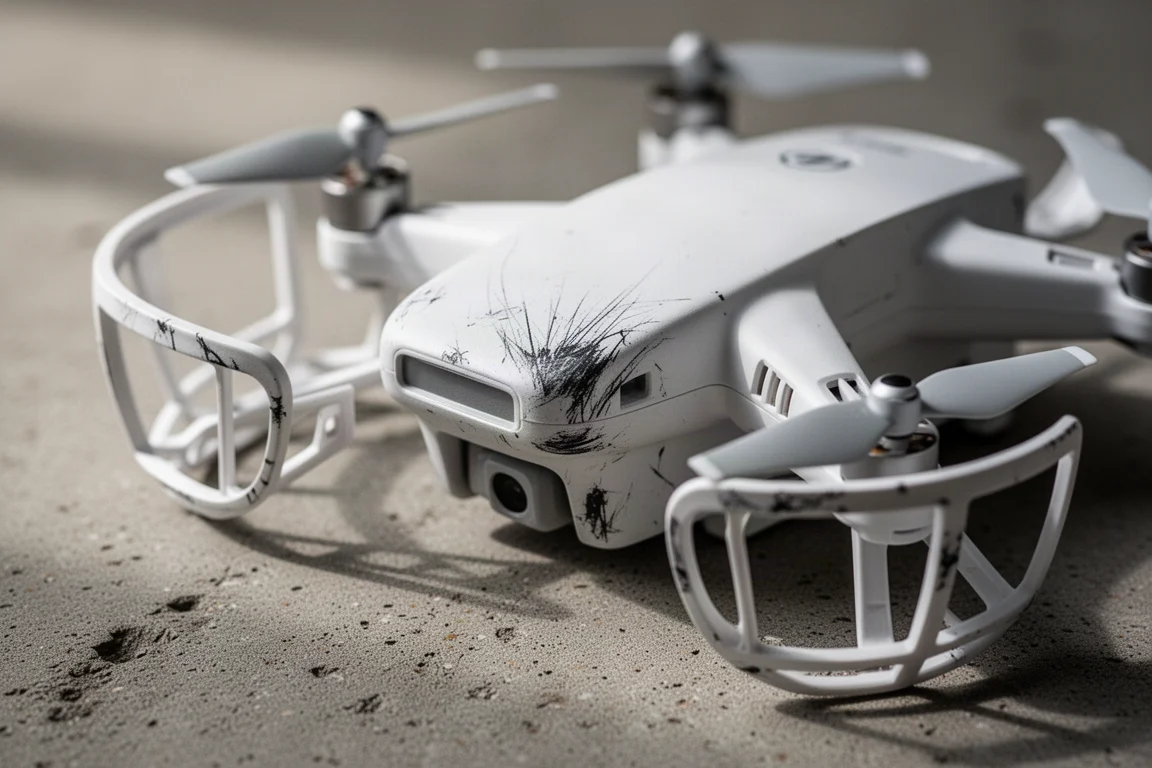 Primer plano del cuerpo castigado de un dron cubierto de arañazos y marcas de los protectores