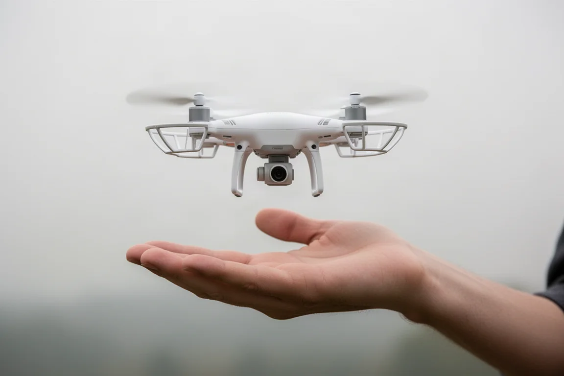 Palma abierta mientras un pequeño dron desciende para aterrizar en ella