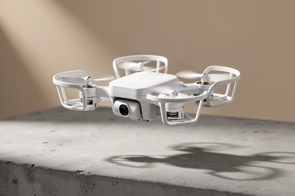 Compatto drone quadricottero bianco con protezioni eliche che plana sopra il cemento