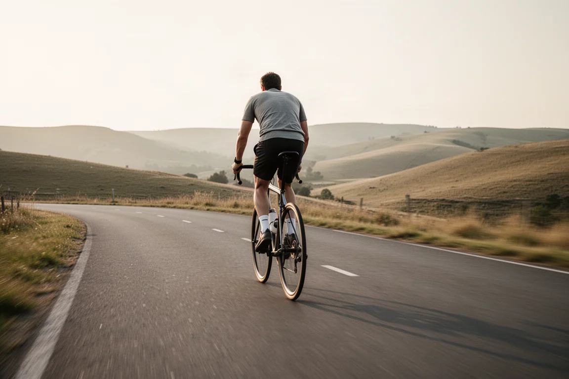 Radfahrer fährt zügig einen sanften offenen Hügel auf glattem Asphalt hinab