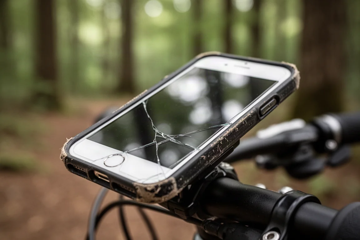 Smartphone mit rissiger Schutzhülle am Fahrradlenker montiert