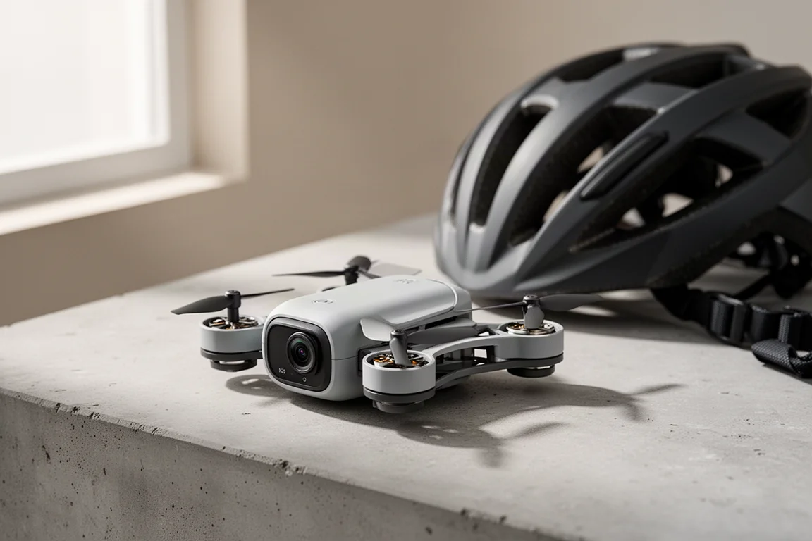 Compatto drone fotografico grigio su una superficie in cemento accanto a un casco da bici