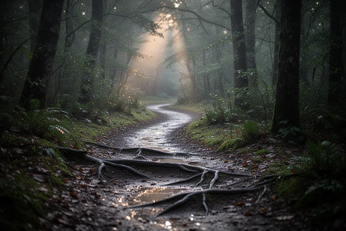 Luce soffusa che filtra tra gli alberi su un sentiero boschivo umido