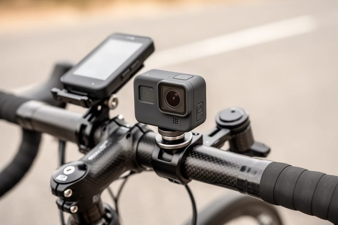 Action camera posizionata su un attacco magnetico sotto un ciclocomputer su un manubrio in carbonio