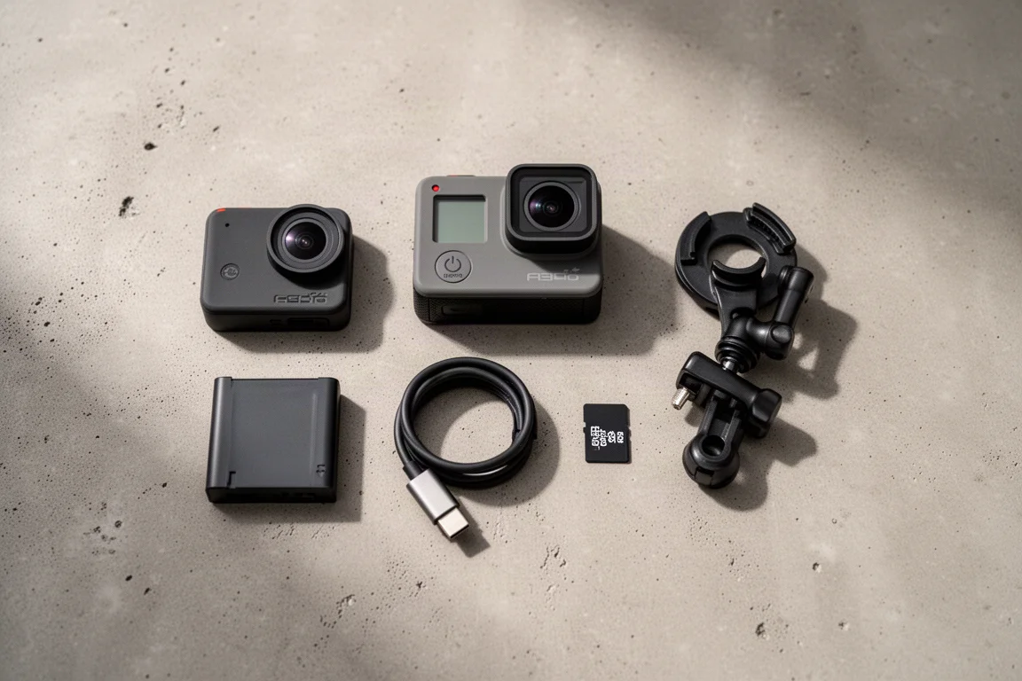 Vista dall'alto di un'action camera, batteria di scorta, cavo e supporto da manubrio