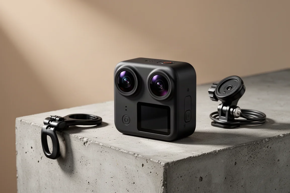 Compatta action camera 360 nera su una superficie di cemento accanto a un supporto da manubrio