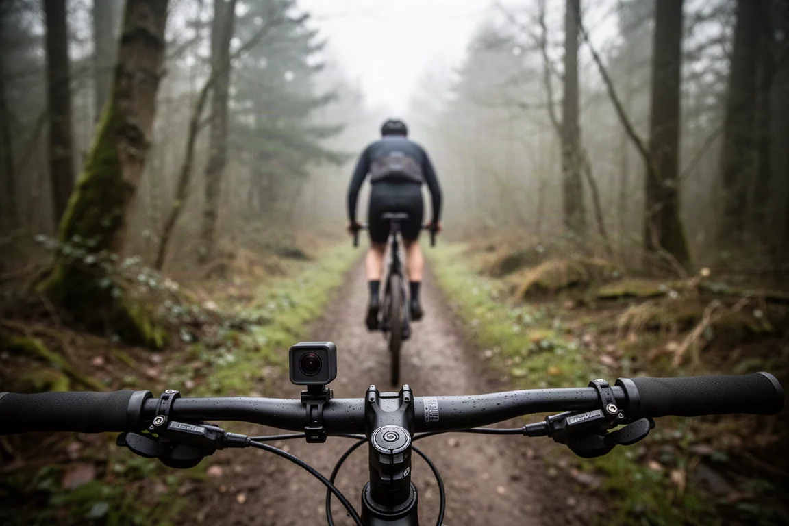 Gravel cyclist riding a woodland trail with a small 360 camera mounted under the handlebar