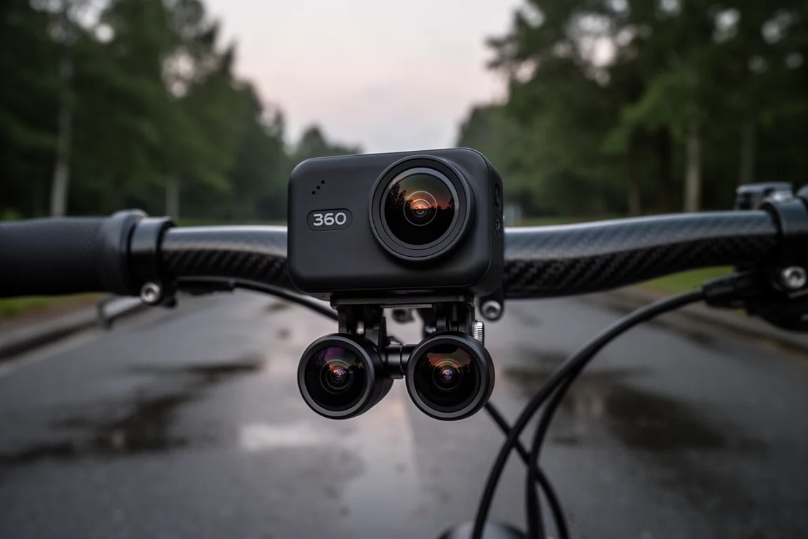 Close-up of a compact 360 camera with two fisheye lenses under a handlebar mount at dusk
