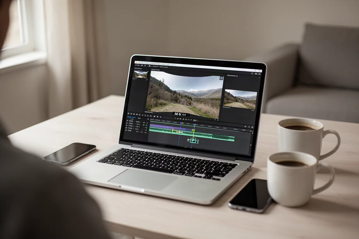 Laptop on a wooden desk showing a 360 video editing timeline with keyframes