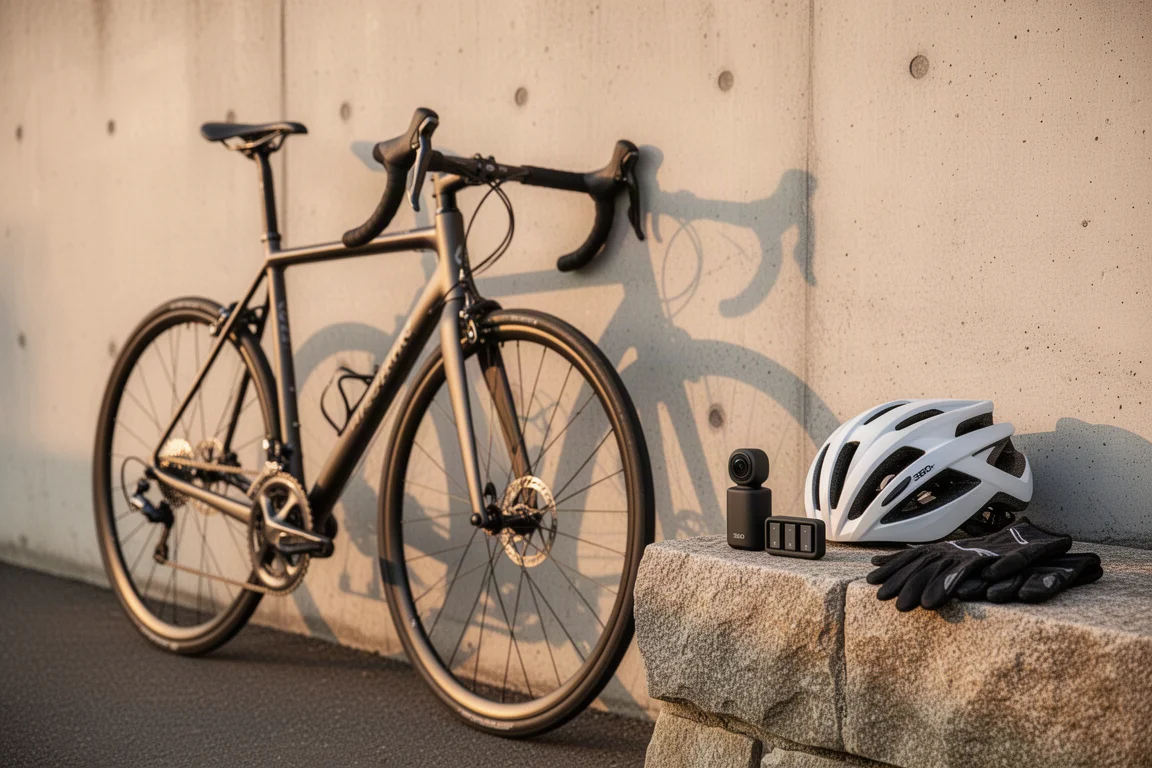 Road bike by a concrete wall with a 360 camera, batteries, helmet and gloves nearby