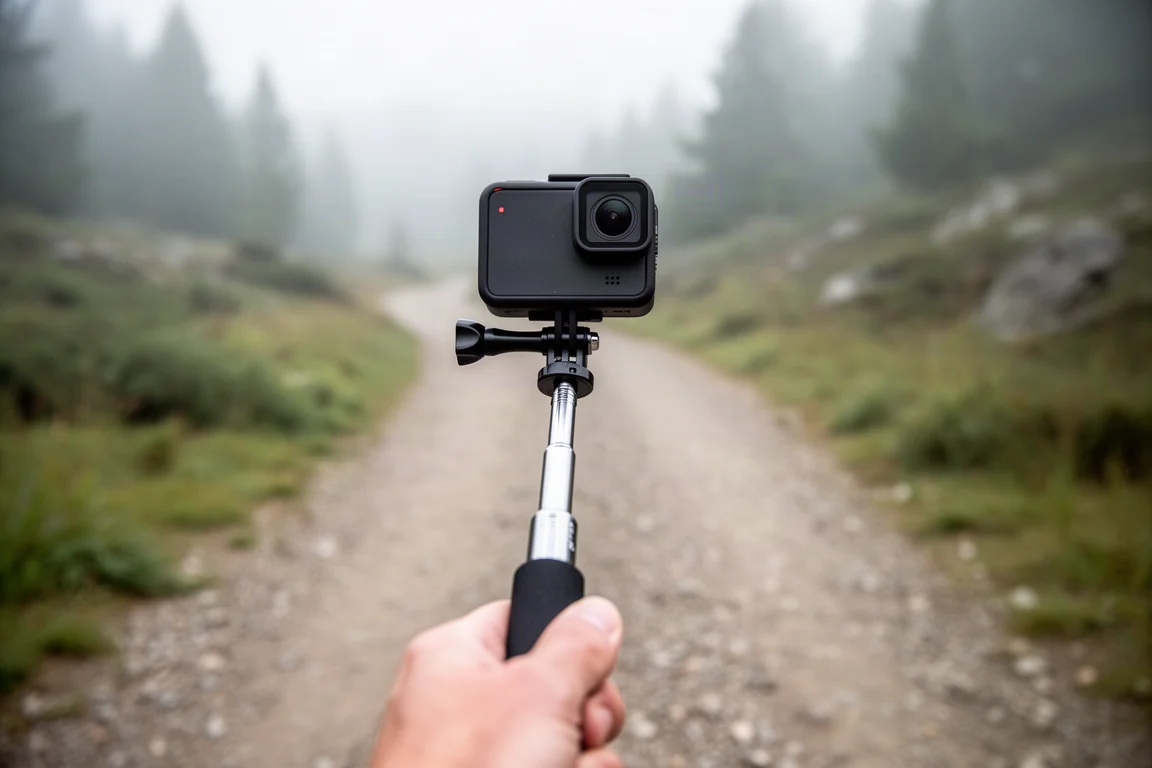Caméra d'action fixée sur une perche à selfie tenue en mouvement en extérieur