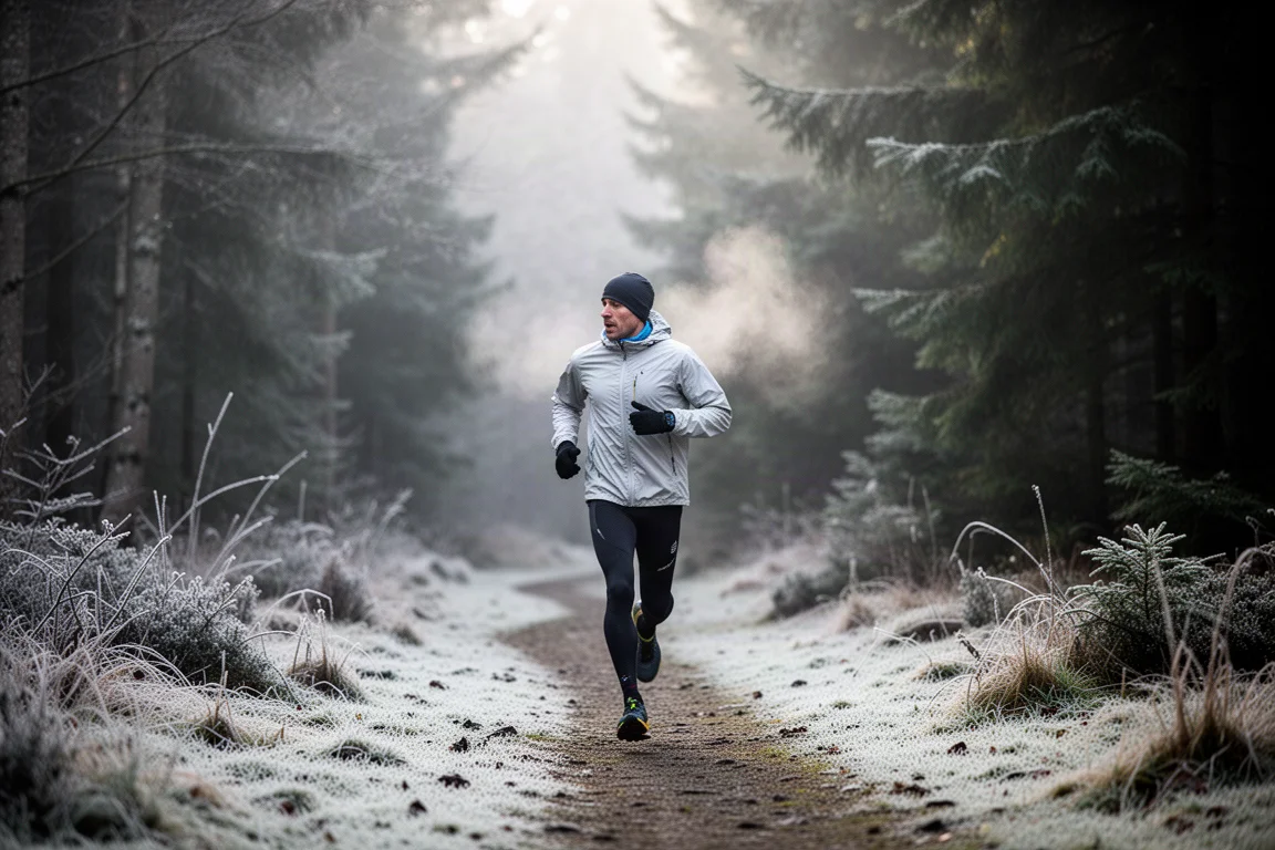 Coureur se filmant avec une caméra d'action sur un sentier par temps froid
