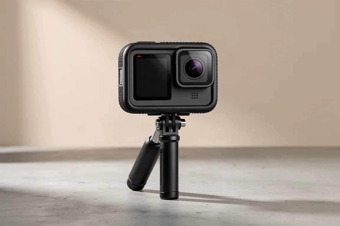 DJI Osmo Action 3 action camera on a selfie stick against a neutral backdrop