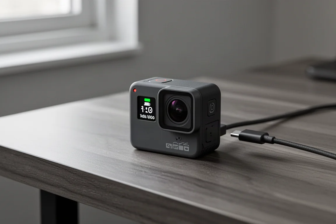 Caméra d'action compacte en charge sur un bureau à côté d'un câble USB-C