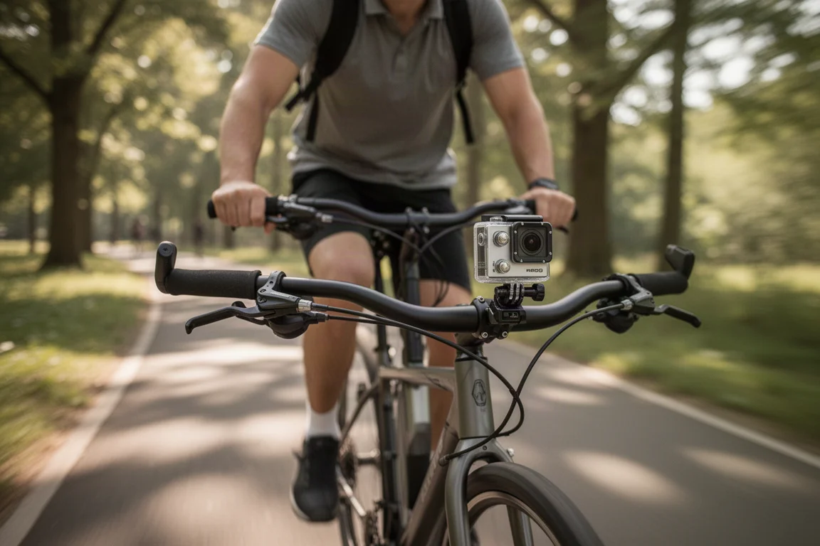 Cycliste sur une piste cyclable avec une caméra d'action fixée au guidon