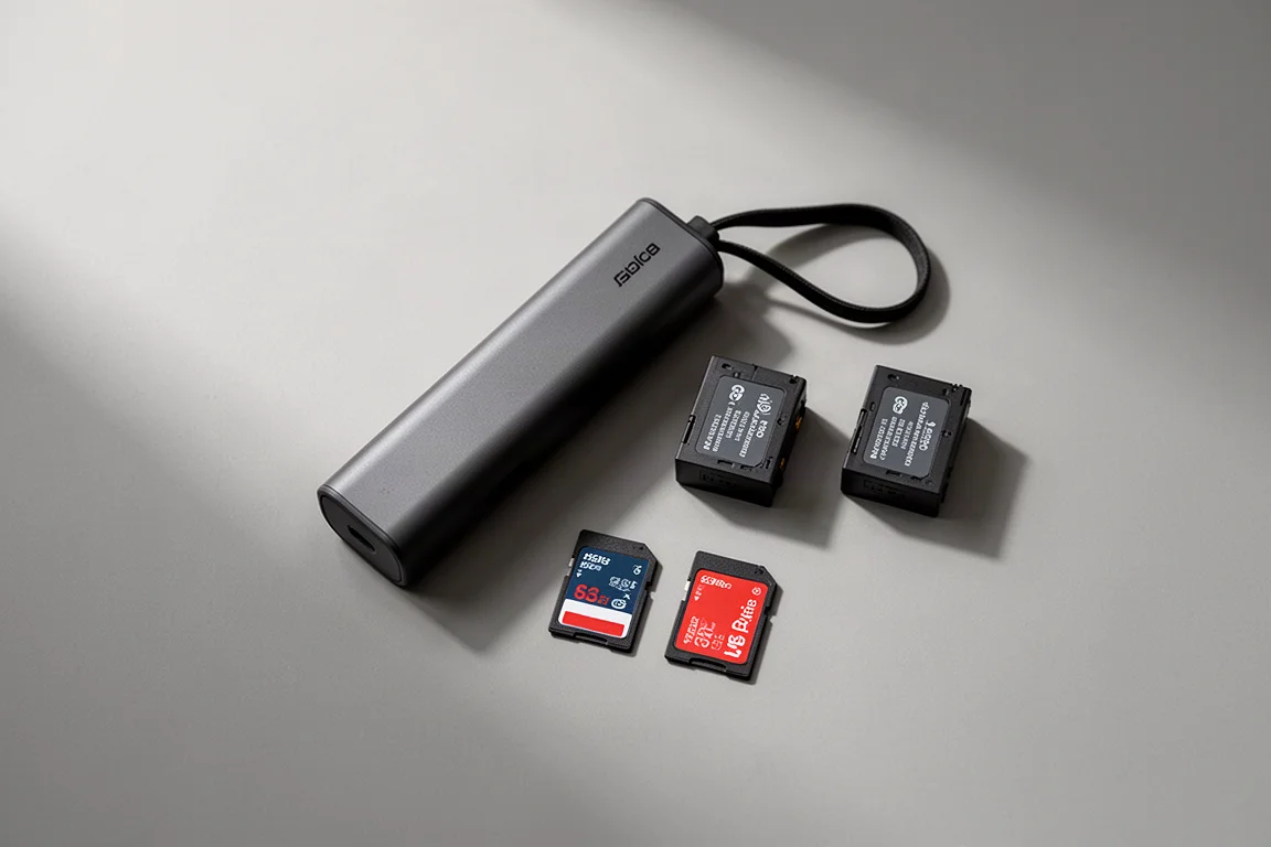 Étui de caméra d'action avec batteries de rechange et cartes mémoire disposées sur une table