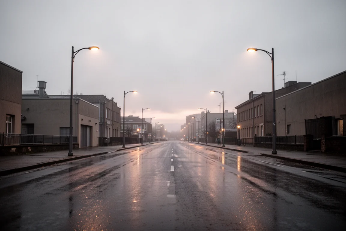 Calle urbana en una tarde nublada con poca luz ambiental