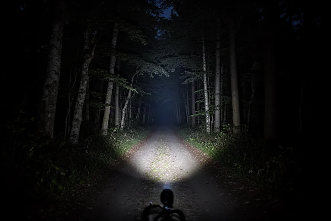 Bosque oscuro de noche iluminado únicamente por una luz de bicicleta