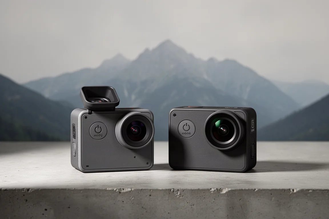 Two compact action cameras side by side on a concrete surface