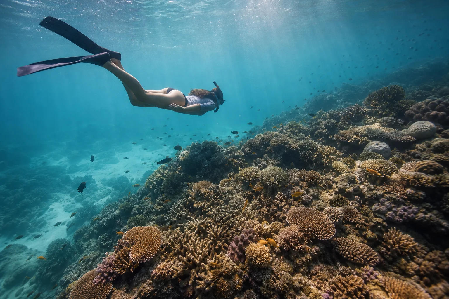 Buceador con esnórquel sobre un arrecife de coral en aguas turquesas cristalinas
