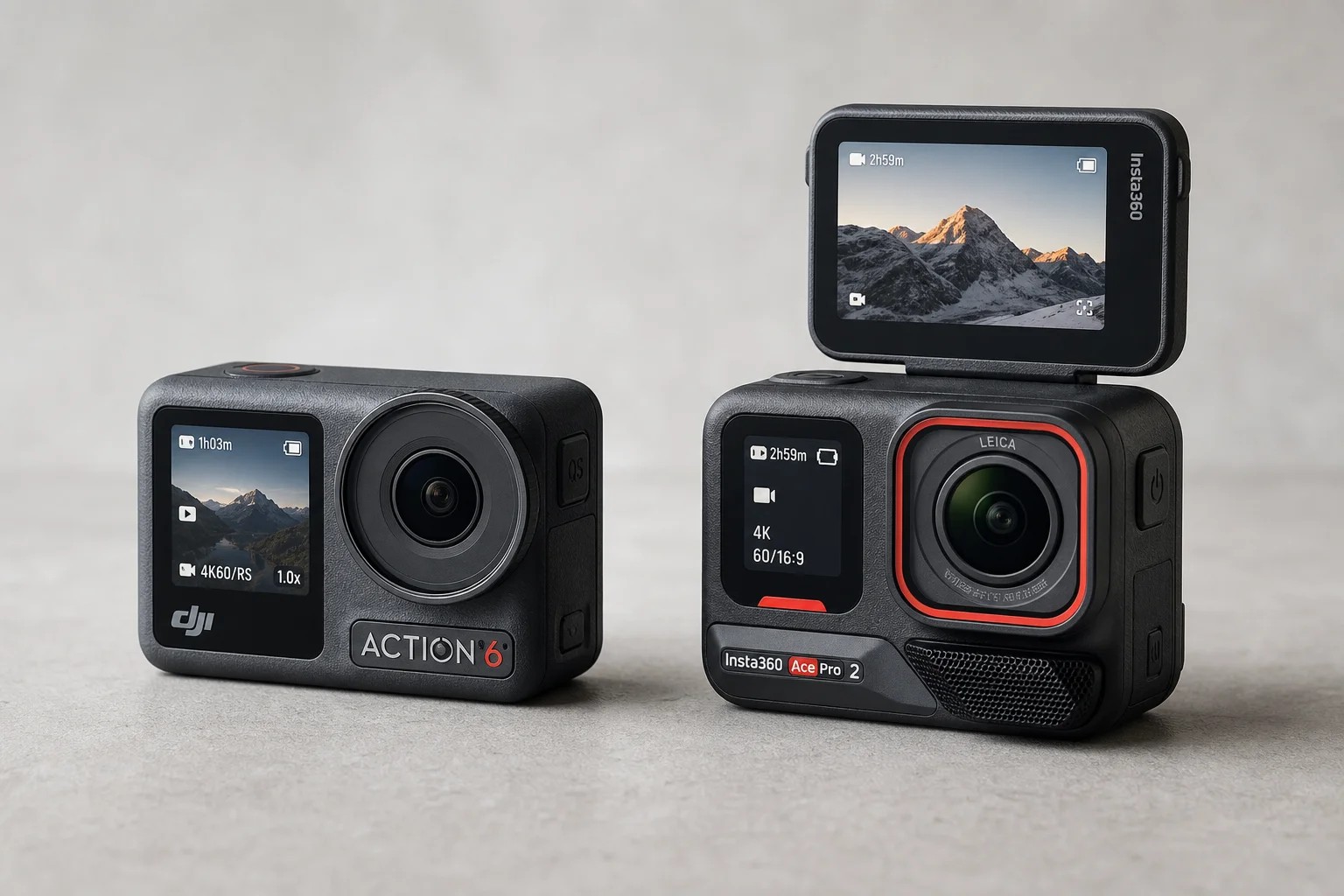 Le action cam DJI Osmo Action 6 e Insta360 Ace Pro 2 affiancate su una superficie in cemento