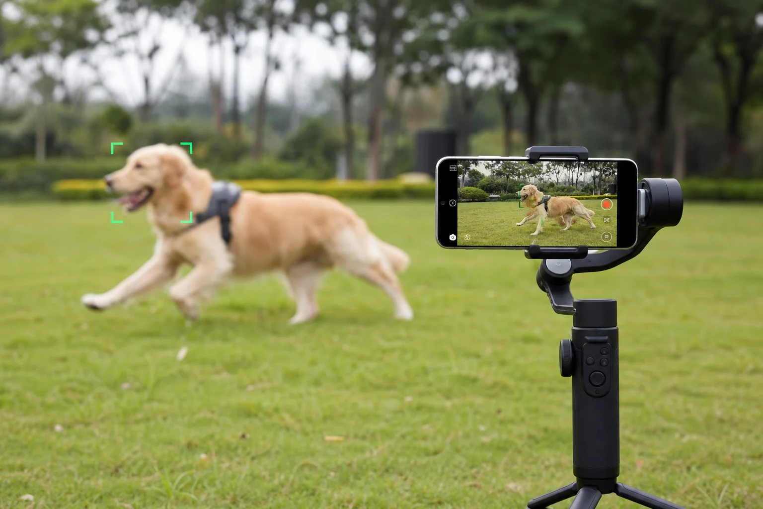 Smartphone gimbal on tripod tracking a moving subject in outdoor park setting