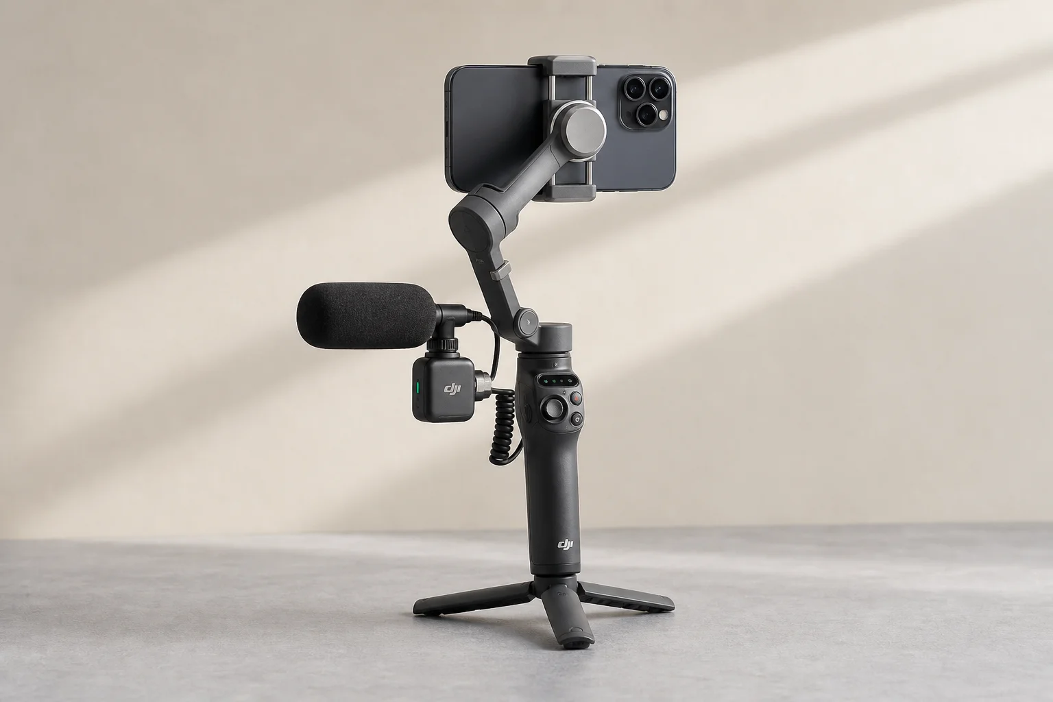 DJI Osmo Mobile 8 gimbal with external microphone attached to module