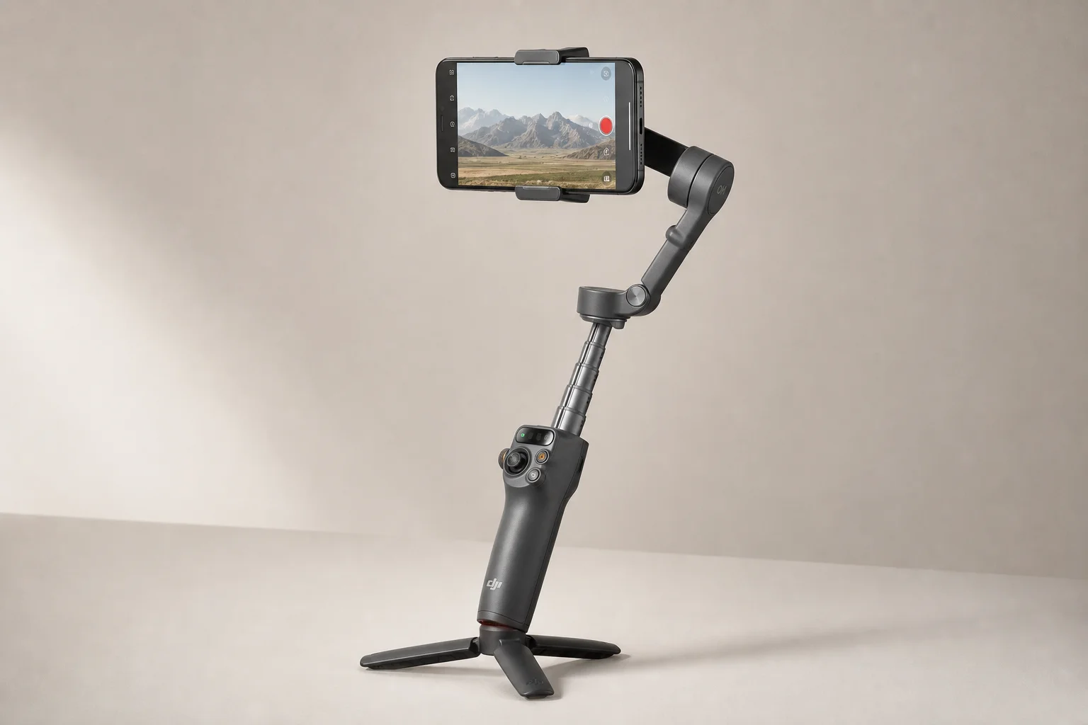 DJI Osmo Mobile 8 smartphone gimbal with mounted phone on neutral background