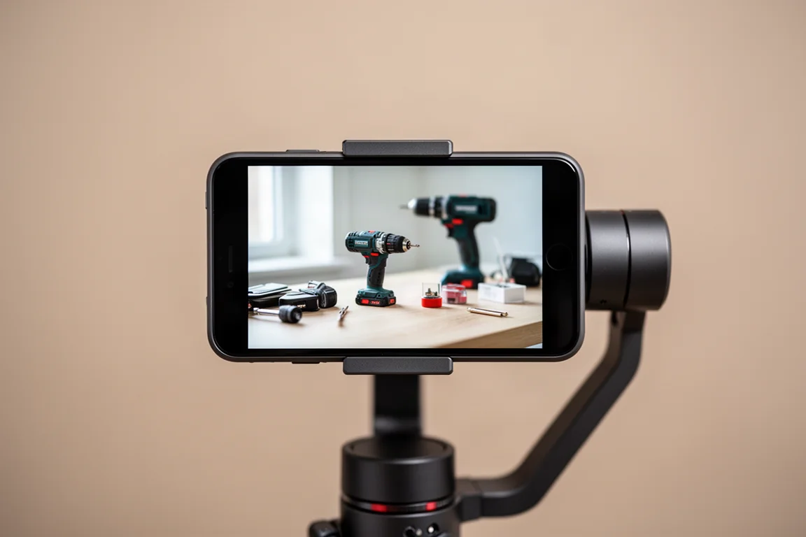 Nahaufnahme des Bildschirms einer kompakten Gimbal-Kamera mit gezoomter Ansicht von Objekten auf einem Schreibtisch