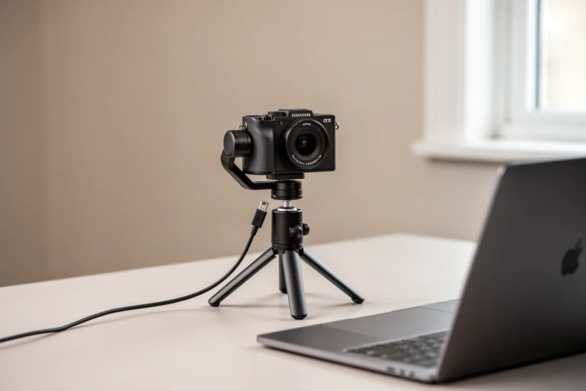 Kompakte Kamera als Webcam am Studiotisch mit angeschlossenen Kabeln