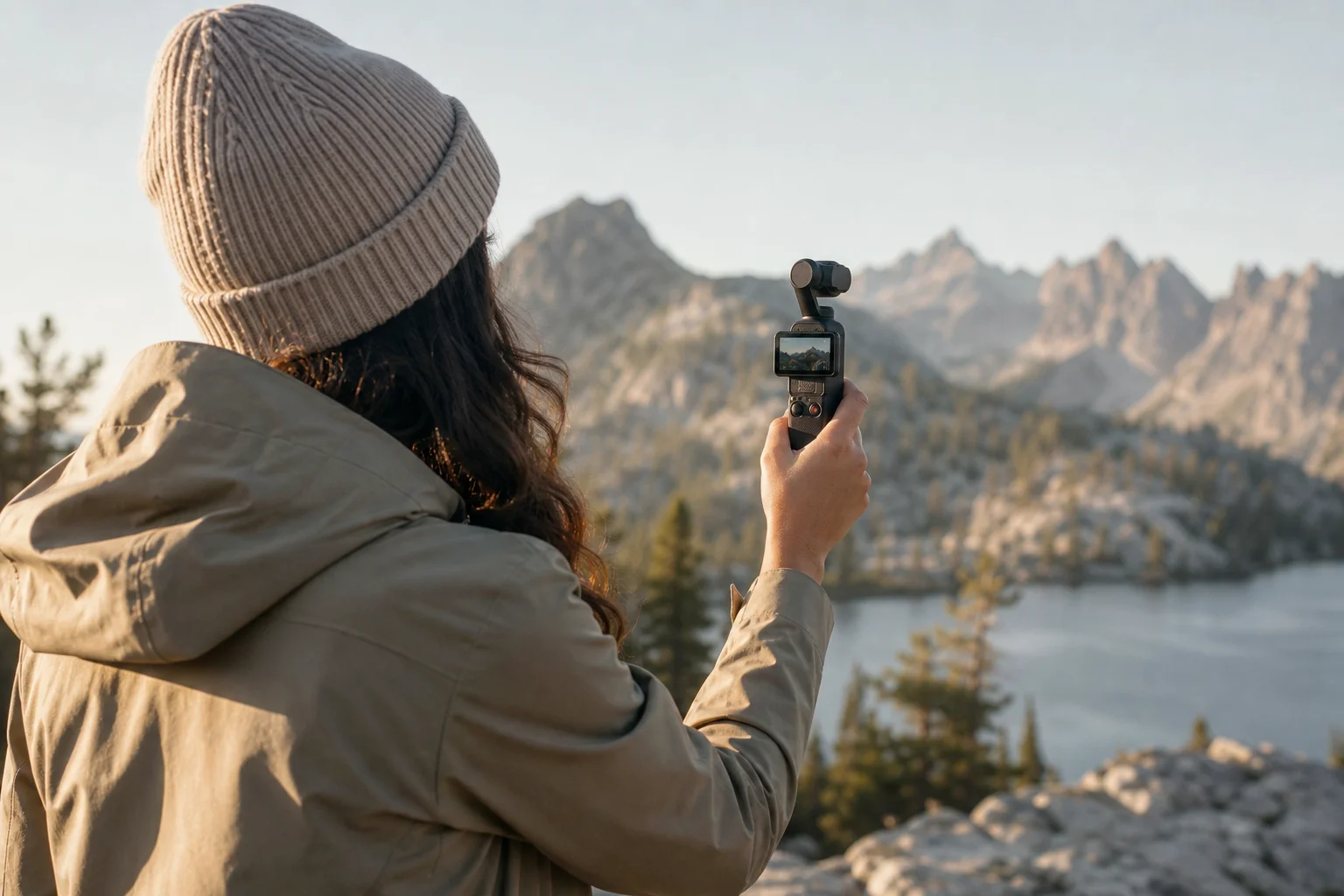 Content creator filming with compact gimbal camera in one hand outdoors