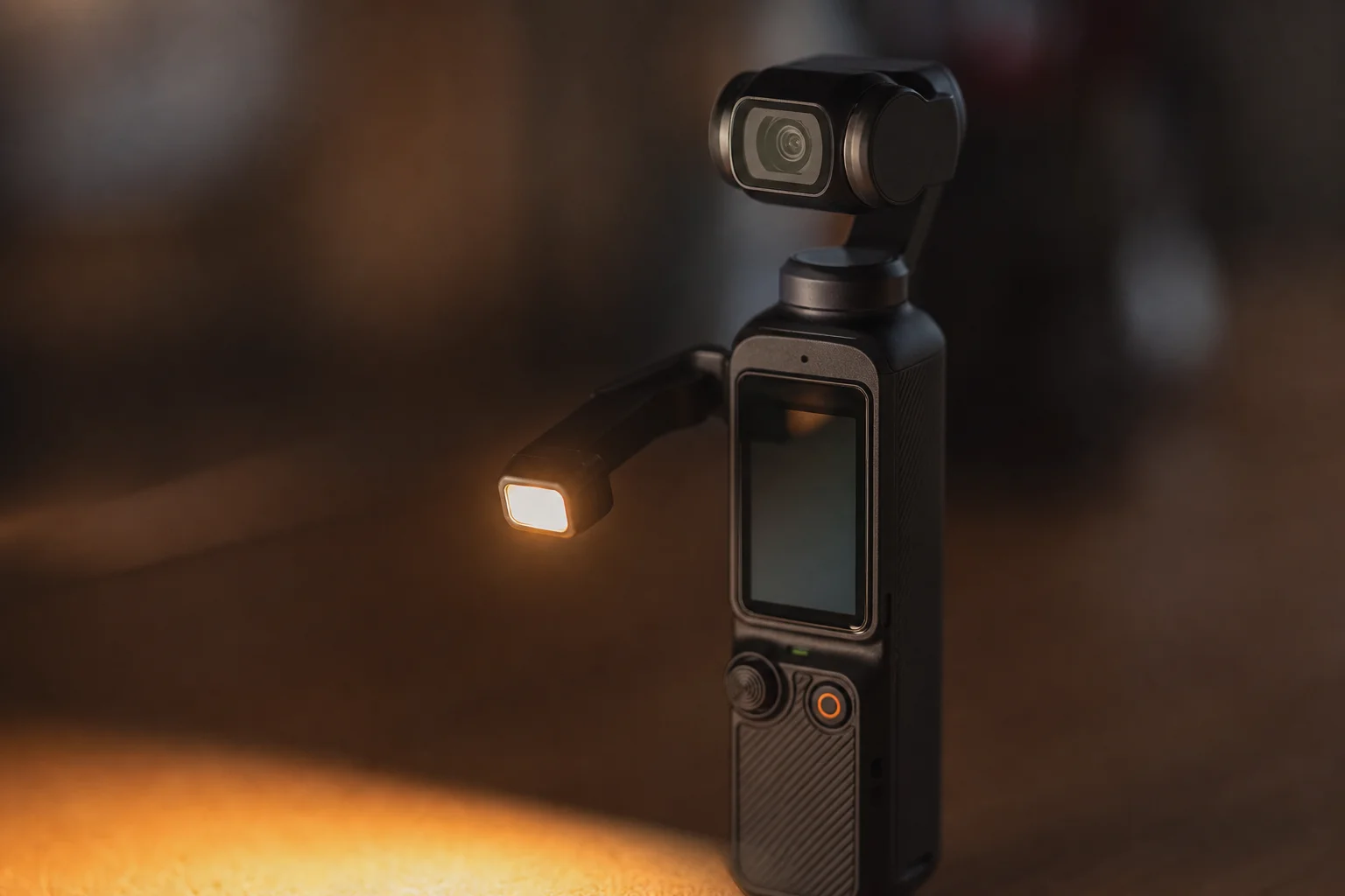 Close-up of gimbal camera fill light casting warm light on surface