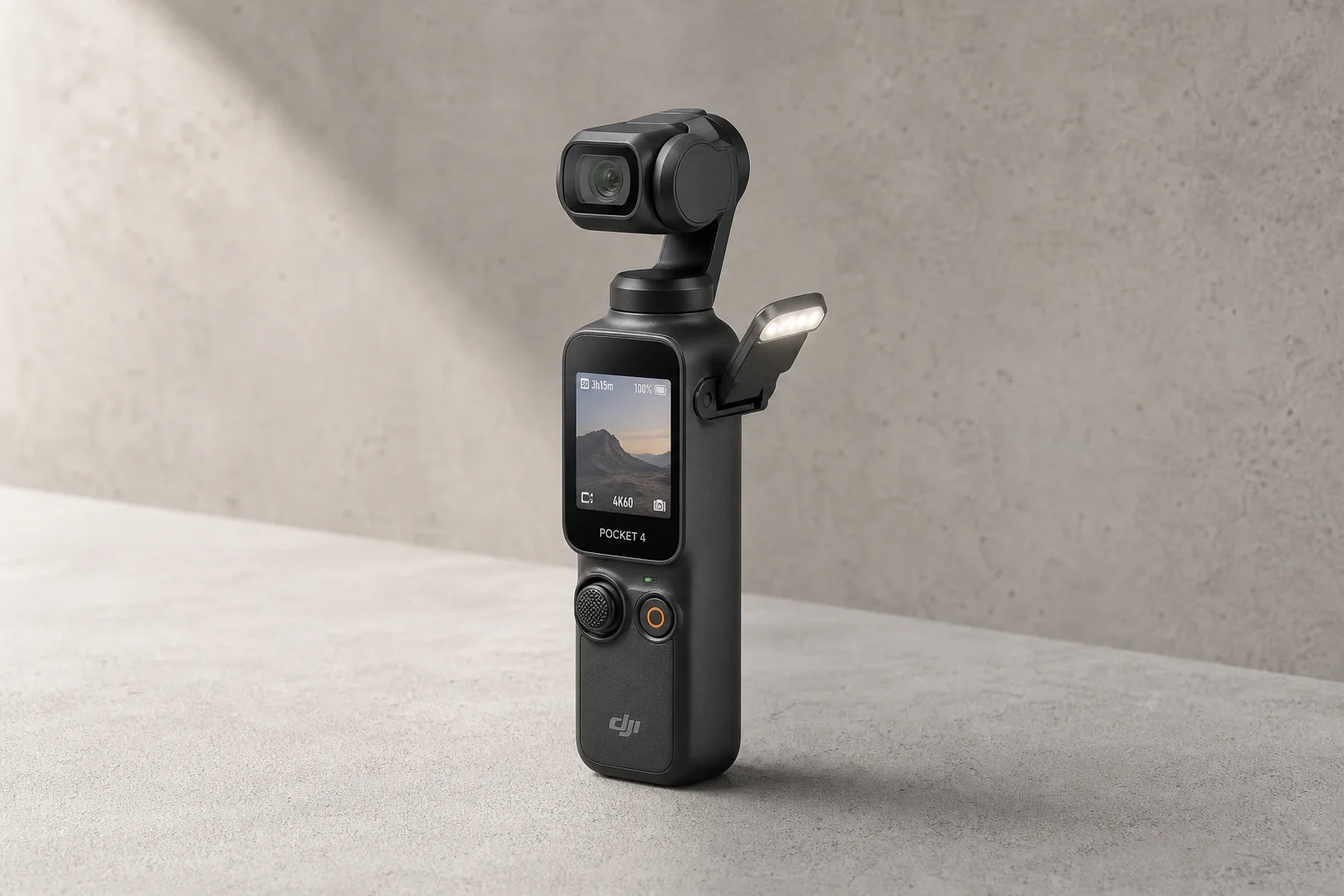 DJI Pocket 4 gimbal camera with extended fill light on concrete surface