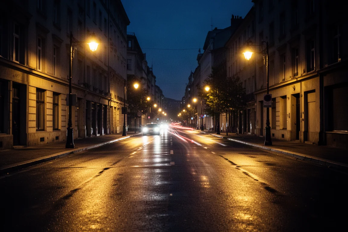 Nocna ulica miejska z ciepłymi latarniami i miękkim rozmyciem ruchu
