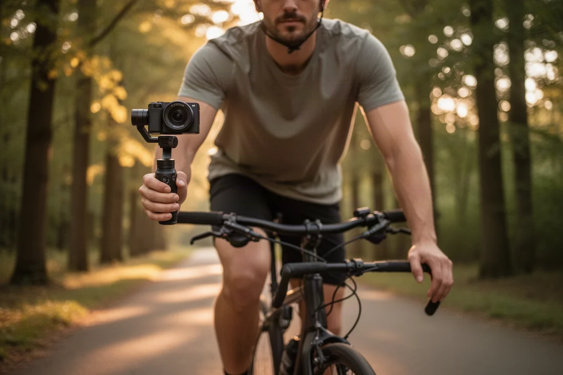 Cyklista jadący przez park o złotej godzinie z kompaktową kamerą gimbalową w dłoni