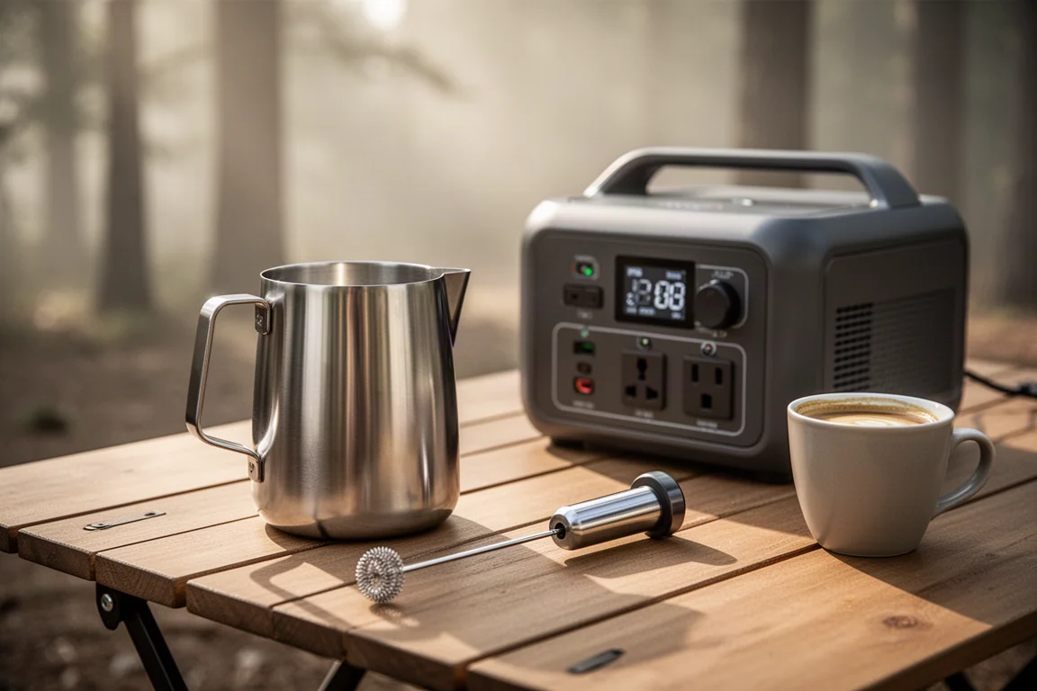 Melkopschuimer en koffiemok op een houten kampeertafel in het ochtendlicht
