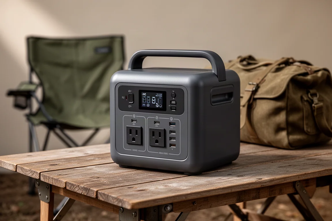 Compact grey portable power station on a concrete surface beside a camp chair and duffel