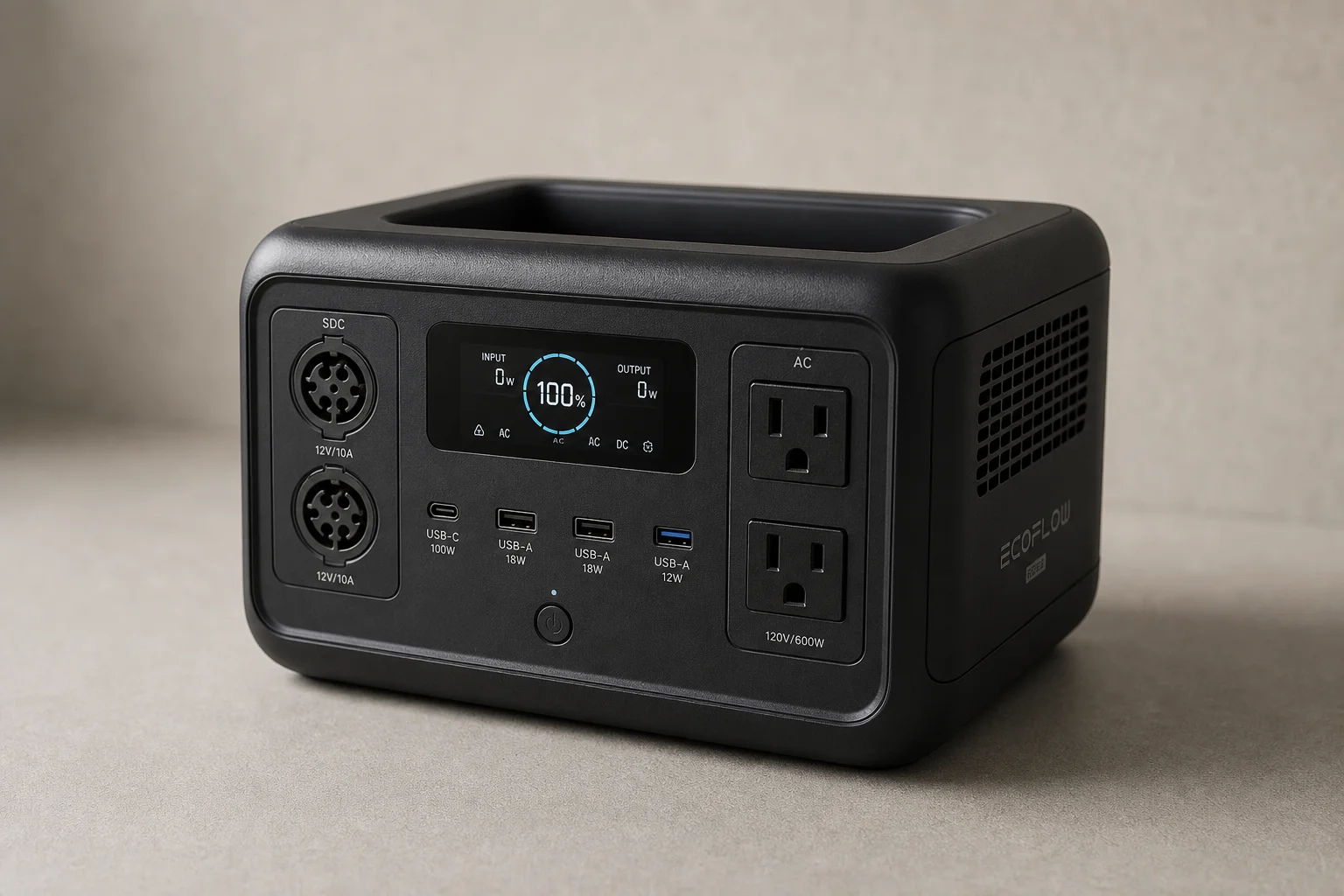 Nine portable power stations arranged by size from compact to large on concrete surface