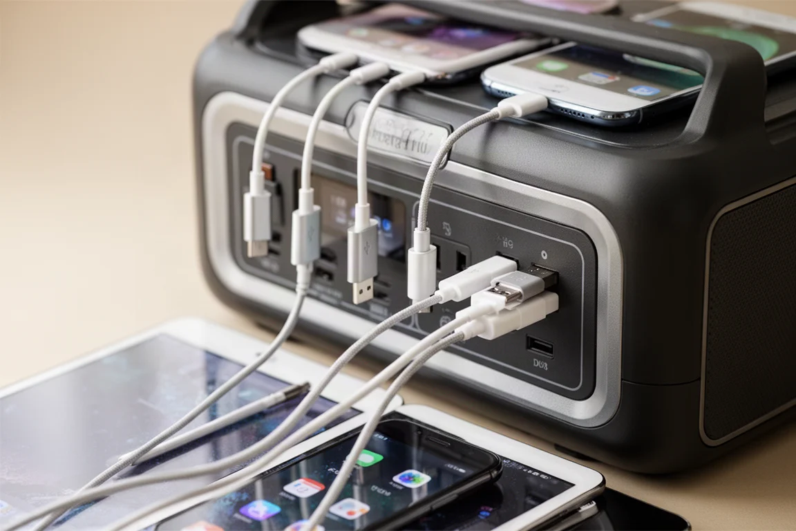 多條 USB-C 和 USB-A 連接線插入行動電源,為各種裝置充電的特寫