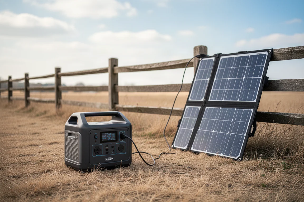 晴朗天氣下,行動電源在空曠場地透過太陽能板充電