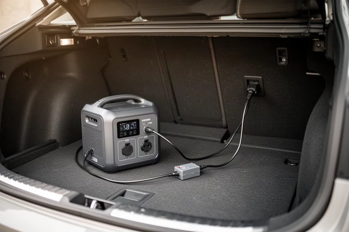 Centrale elettrica portatile in ricarica da una presa auto tramite un adattatore per cavo