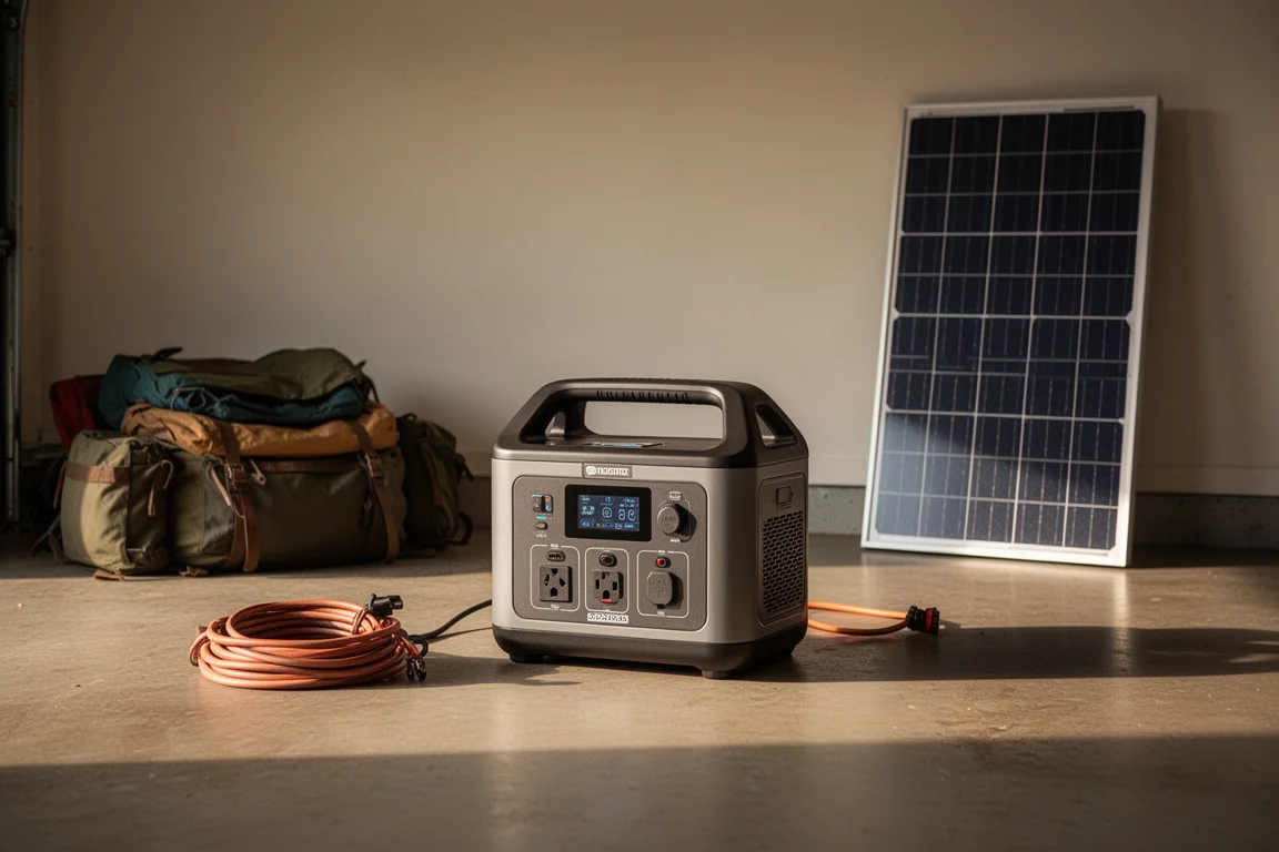 Due centrali elettriche sul pavimento di un garage pronte per un campeggio insieme all'attrezzatura