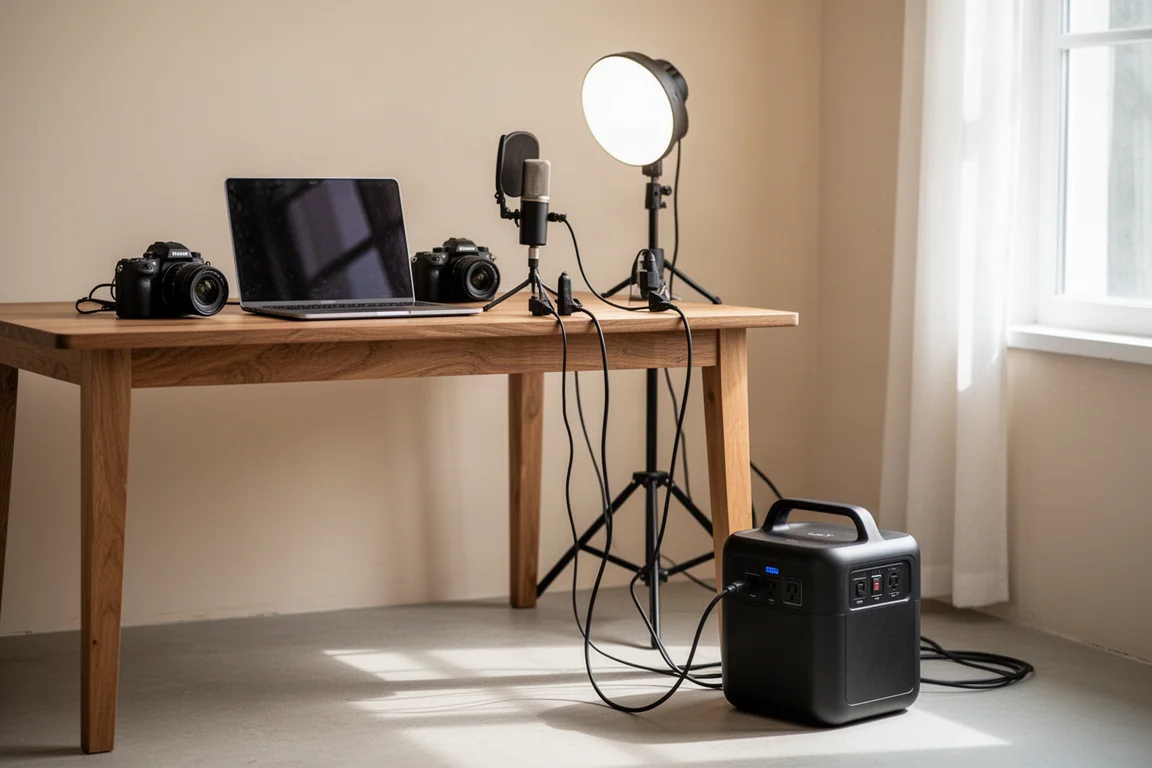 Content creator desk setup powered entirely by a portable power station