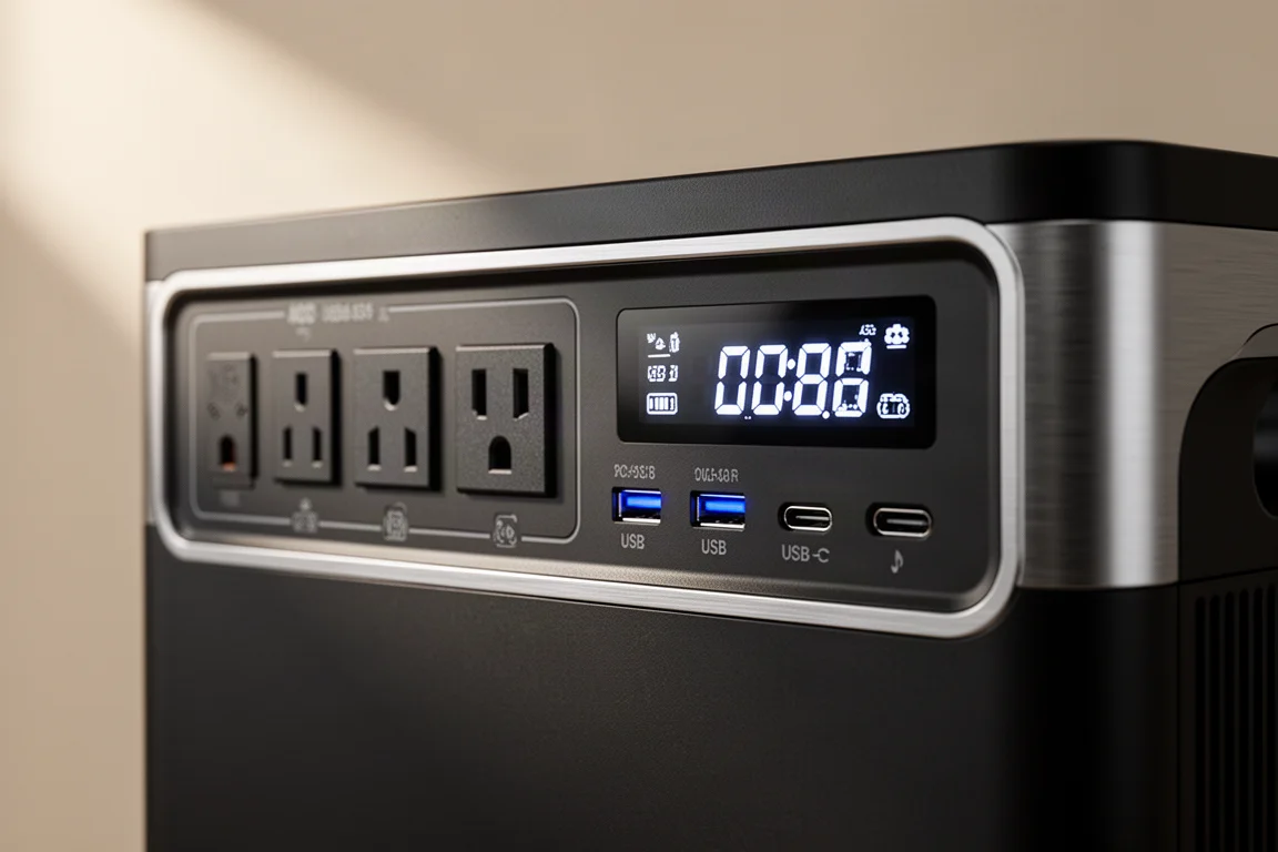 Close-up of power station front panel showing AC outlets and USB ports